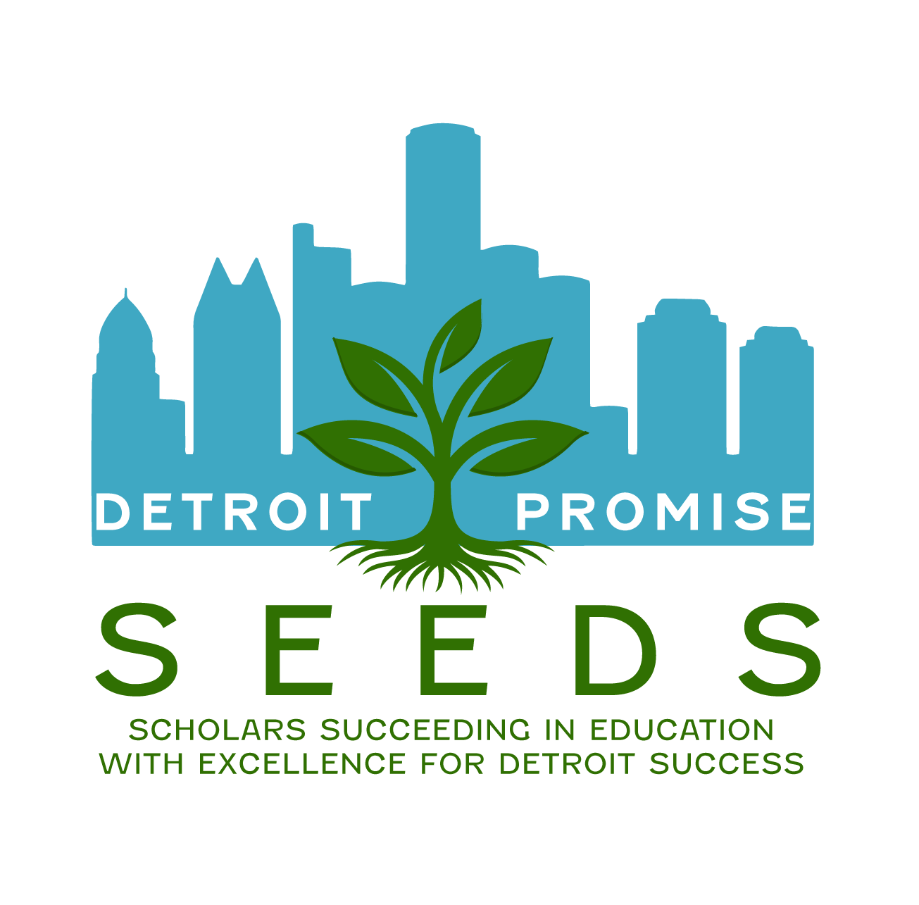 SEEDS logo - Detroit skyline with small plant