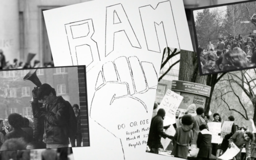 Video still with photos from the 1970 BAM protests, including a student holding a bullhorn and a flyer for the rally